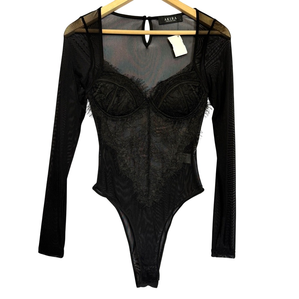 AKIRA Black Lace & Mesh Long Sleeve Sheer Bodysuit